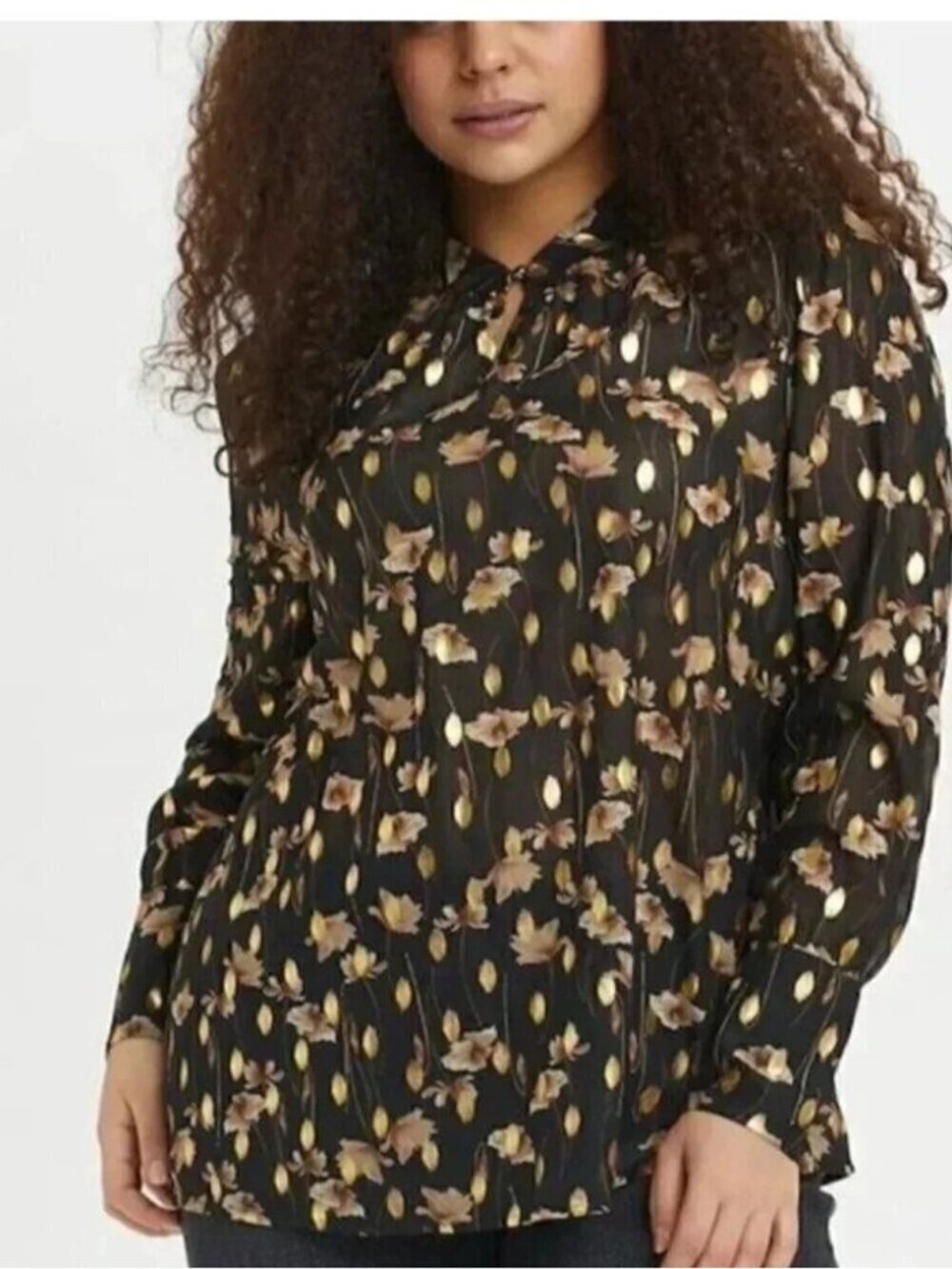 Kaffe Metallic Gold Blouse Black Floral Long Sleeve Size 40 Large